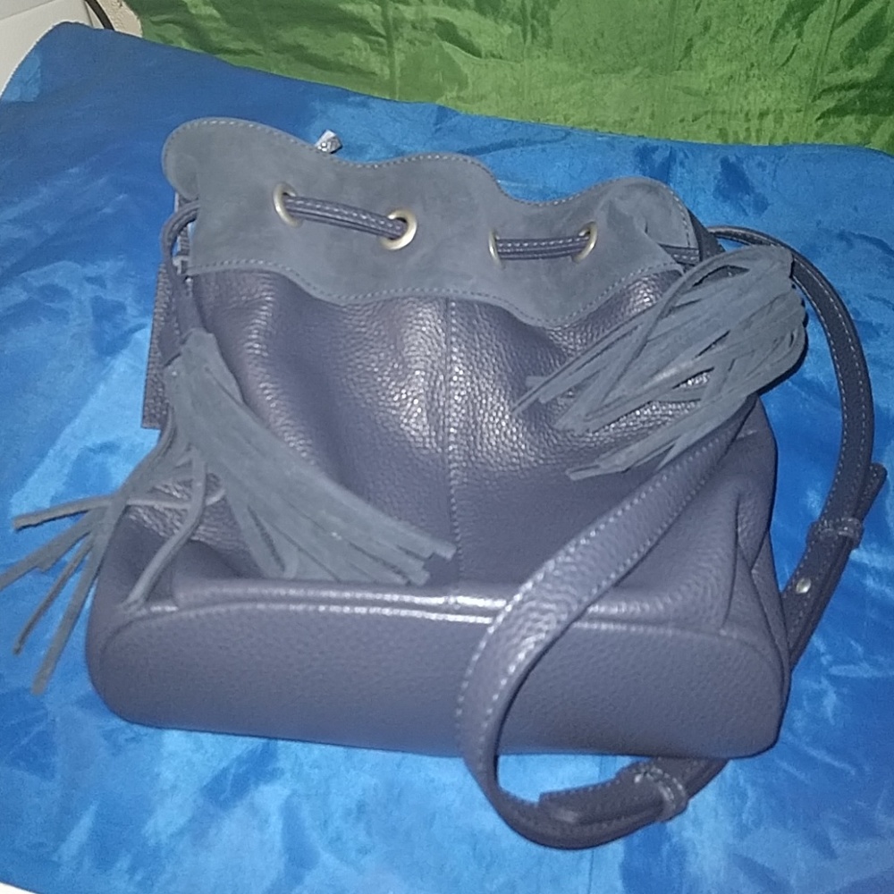 Bucket leather bag w/tassels Navy blue Boho